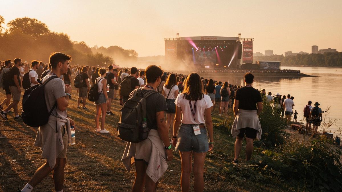 Festival crowd at sunset beside a river island stage